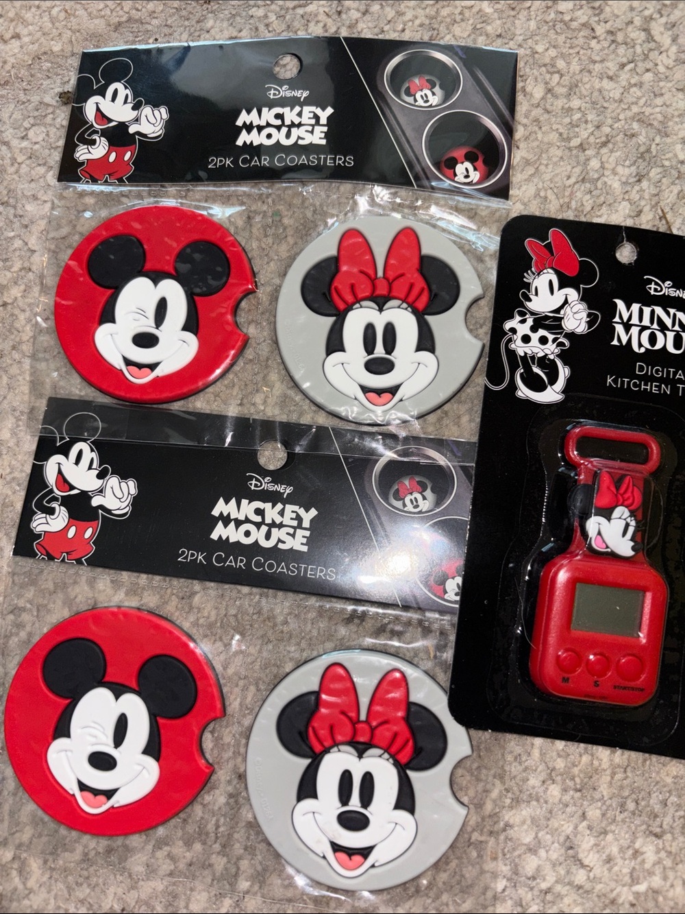 Disney Mickey & Minnie Car Coasters and Digital Kitchen Timer - New